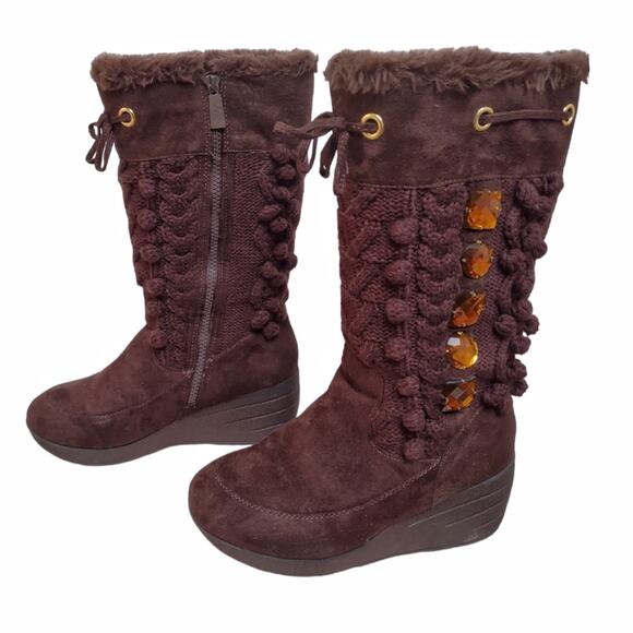 JOAN BOYCE Brown Sweater Knit Wedge Boots Size 8 w/ Gems Fall Winter Outdoors - Picture 2 of 14